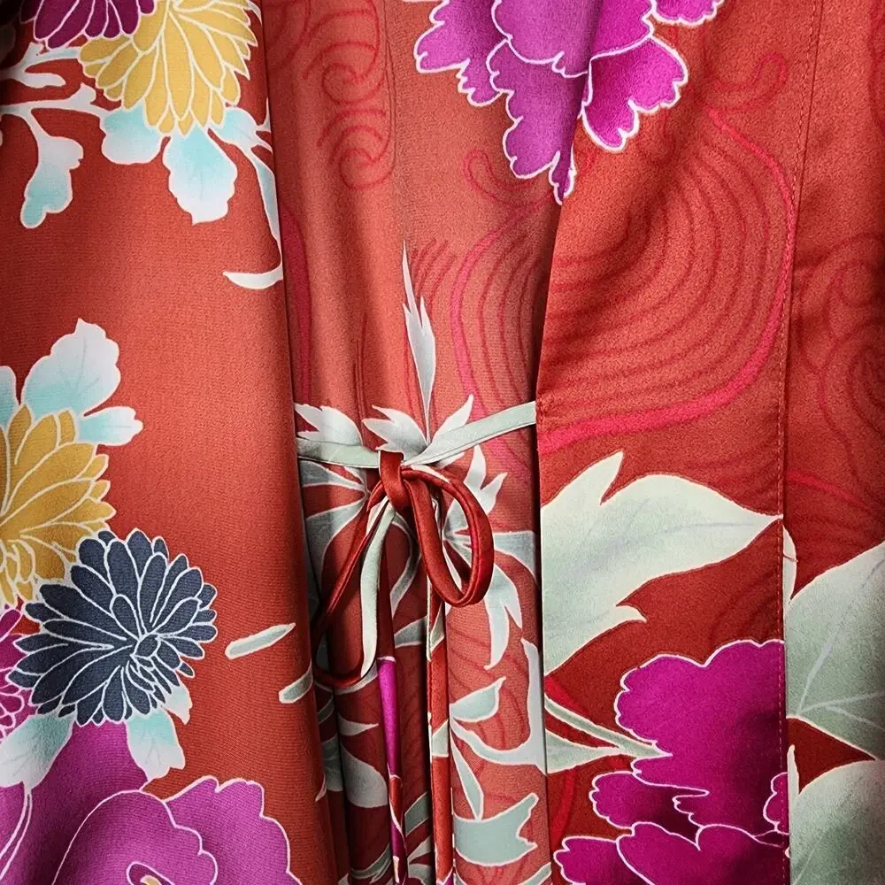 Natori Auburn Floral Robe Satin Red Orange Print Pockets Tie Waist Kimono Size S - Picture 6 of 8